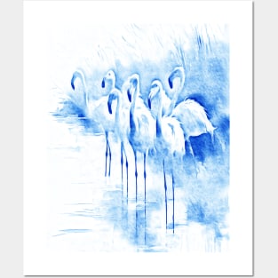 blue flamingos Posters and Art